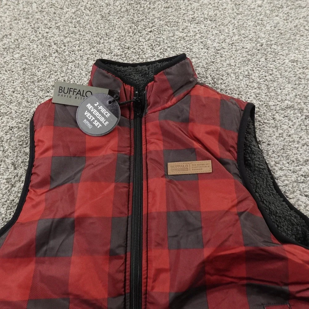 NEW Buffalo David Bitton Vest Kids S 7-8 Red Plaid Reversible Sherpa Lined Youth